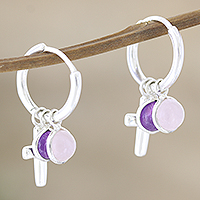 Amethyst and rose quartz dangle earrings, 'Soft and Sweet' - Amethyst and Rose Quartz Earrings with Cross Motif