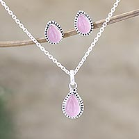 Conjunto de joyas de cuarzo rosa, 'Pink Crush' - Conjunto de aretes y collar de cuarzo rosa indio