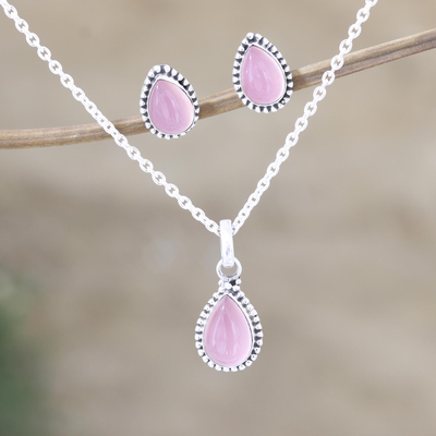 Conjunto de joyas de cuarzo rosa, 'Pink Crush' - Conjunto de collar y aretes de cuarzo rosa indio