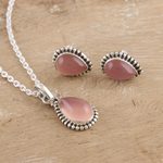 Rose quartz jewelry set, 'Pink Crush' - Indian Rose Quartz Earring and Necklace Set