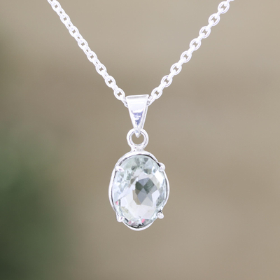 Prasiolite pendant necklace, 'Pale Green Eyes' - Handcrafted Prasiolite and Sterling Silver Pendant Necklace