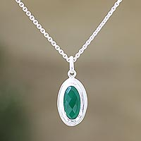 Onyx pendant necklace, 'Liquid Mirror in Green' - Indian Green Onyx and Sterling Silver Pendant Necklace