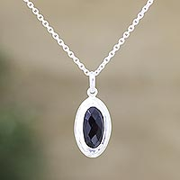 Onyx pendant necklace, 'Liquid Mirror in Black' - Hand Made Black Onyx and Sterling Silver Pendant Necklace