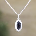 Onyx pendant necklace, 'Liquid Mirror in Black' - Hand Made Black Onyx and Sterling Silver Pendant Necklace