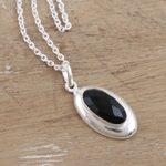 Onyx pendant necklace, 'Liquid Mirror in Black' - Hand Made Black Onyx and Sterling Silver Pendant Necklace