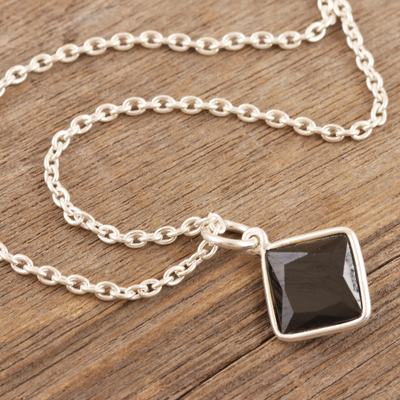 Onyx pendant necklace, 'Liquid Smoke' - Indian Black Onyx and Sterling Silver Pendant Necklace