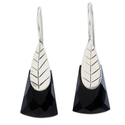 Onyx drop earrings, 'Leaf Spirit' - Sterling and Onyx Drop Earrings