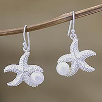 Cultured pearl dangle earrings, 'Starfish at Play' - Artisan Crafted Cultured Pearl Earrings