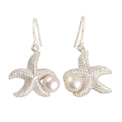 Cultured pearl dangle earrings, 'Starfish at Play' - Artisan Crafted Cultured Pearl Earrings