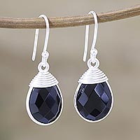 Onyx dangle earrings, 'Black Gleam' - Sterling Earrings with Onyx Gems