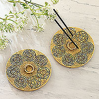 Aluminum incense holders, 'Golden Mandala' (pair) - Artisan Crafted Aluminum Incense Holders (Pair)