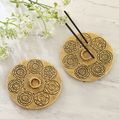 aluminium incense holders, 'Golden Mandala' (pair) - Artisan Crafted aluminium Incense Holders (Pair)