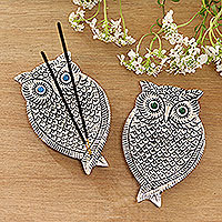 Aluminum incense holders, 'Wise Owl' (pair) - Aluminum Incense Holders with Owl Design