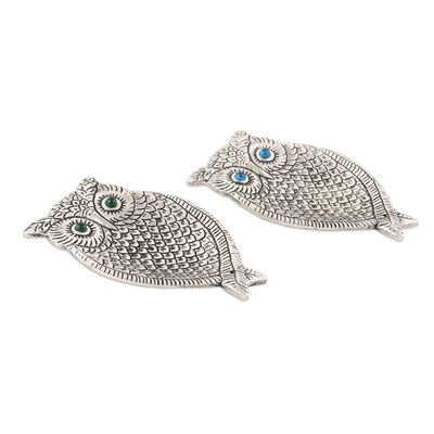 Aluminum incense holders, 'Wise Owl' (pair) - Aluminum Incense Holders with Owl Design