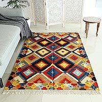 Hand-woven wool area rug, 'Kaleidoscopic World' - Hand-Woven Wool Area Rug with Cotton Warp