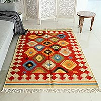 Hand-woven wool area rug, 'Dancing Stars' - Hand-Woven Indian Wool Area Rug
