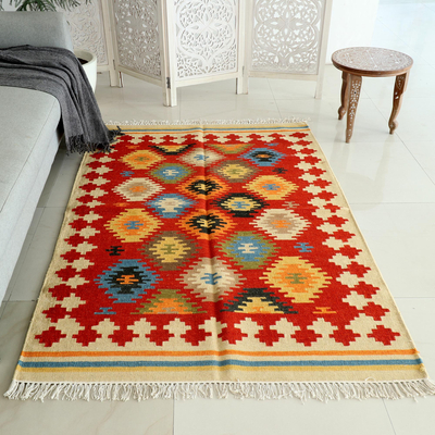 Hand-woven wool area rug, 'Dancing Stars' - Hand-Woven Indian Wool Area Rug
