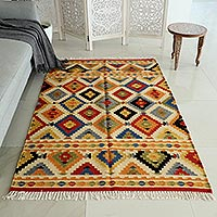 Hand-woven wool area rug, 'Home Visit' - Hand-Woven Wool Area Rug with Fringe Accent