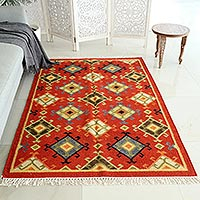 Hand-woven wool area rug, 'Domestic Bliss' - Hand Made Wool Area Rug with Fringe Accent