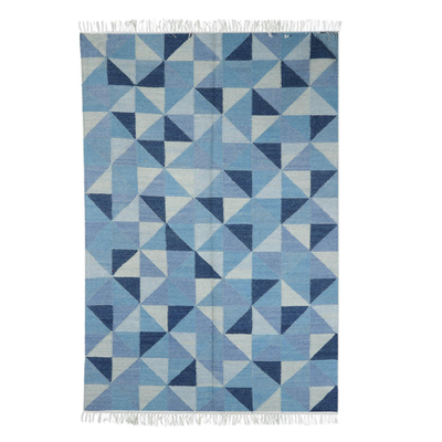 Hand-woven wool area rug, 'Blue Triangle' (4 x 6) - Blue Wool Area Rug with Cotton Warp (4 x 6)