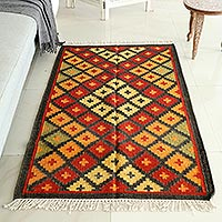 Hand-woven wool area rug, 'Take Care' (3 x 5) - Indian Wool Area Rug with Diamond Pattern (3 x 5)