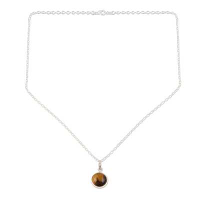 Tiger's eye pendant necklace, 'Swing Low in Brown' - Indian Tiger's Eye and Sterling Silver Pendant Necklace