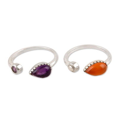 Multi-gemstone wrap rings, 'Dusk to Dawn' (pair) - Hand Made Amethyst and Carnelian Wrap Rings (Pair)