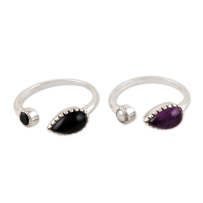 Wickelringe mit mehreren Edelsteinen, (Paar) - Handgefertigte Wickelringe aus Amethyst und schwarzem Onyx (Paar)