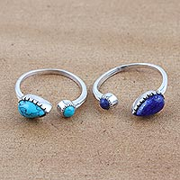 Sterling Silver and Gemstone Wrap Rings from India (Pair),'Back in Blue'