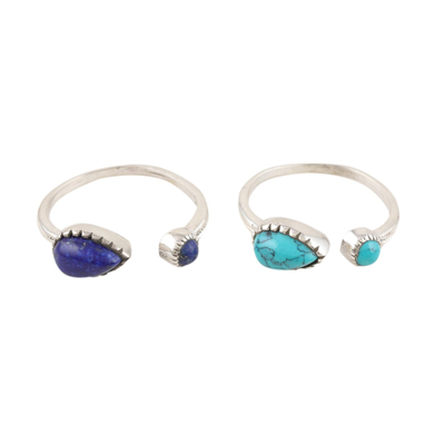 Lapis lazuli wrap rings, 'Back in Blue' (pair) - Sterling Silver and Gemstone Wrap Rings from India (Pair)