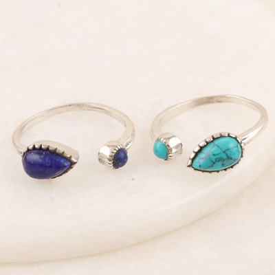 Lapis lazuli wrap rings, 'Back in Blue' (pair) - Sterling Silver and Gemstone Wrap Rings from India (Pair)