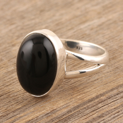 Onyx single stone ring, 'Soft Blush in Black' - Black Onyx and Sterling Silver Single Stone Ring