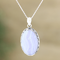 Agate pendant necklace, 'Antique Lace' - Blue Lace Agate and Sterling Silver Pendant Necklace