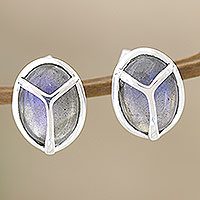 Labradorite button earrings, 'Make Peace in Grey' - Labradorite and Button Earrings with Peace Sign Motif