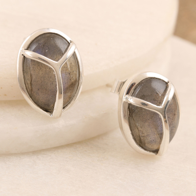 Labradorite button earrings, 'Make Peace in Grey' - Labradorite and Button Earrings with Peace Sign Motif