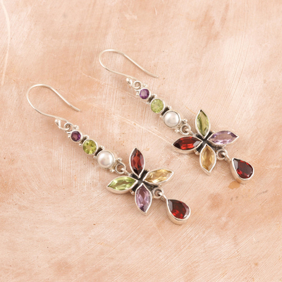 Multi-gemstone dangle earrings, 'Dazzling Flora' - Multi-Gemstone Sterling Silver Dangle Earrings from India