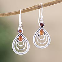 Garnet and carnelian dangle earrings, 'Radiate in Red' - Handmade Indian Garnet and Carnelian Dangle Earrings