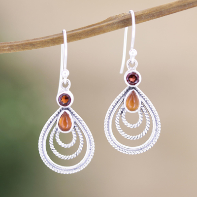 Garnet and carnelian dangle earrings, 'Radiate in Red' - Handmade Indian Garnet and Carnelian Dangle Earrings