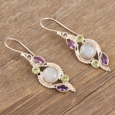 Multi-gemstone dangle earrings, 'Indian Sea' - Handcrafted Amethyst and Peridot Dangle Earrings