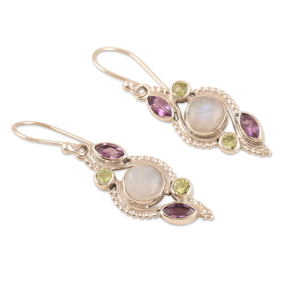 Multi-gemstone dangle earrings, 'Indian Sea' - Handcrafted Amethyst and Peridot Dangle Earrings