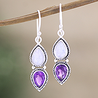 Amethyst and rainbow moonstone dangle earrings, 'Your Eyes Only' - Artisan Crafted Rainbow Moonstone Dangle Earrings
