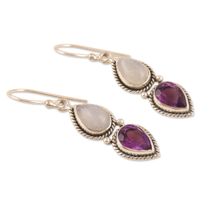 Amethyst and rainbow moonstone dangle earrings, 'Your Eyes Only' - Artisan Crafted Rainbow Moonstone Dangle Earrings