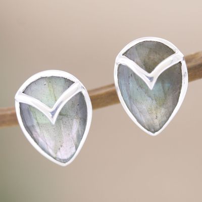 Labradorite button earrings, 'Water Drop in Grey' - Labradorite and Sterling Silver Button Earrings