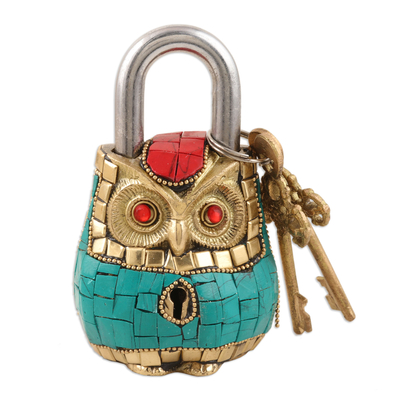 Brass lock and key set, 'Forever Mine' (3 pieces) - Brass Lock and Key Set with Owl Motif (3 Pieces)