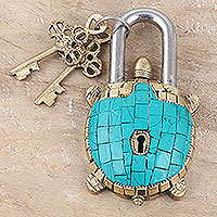 Brass lock and key set, 'Playing Safe' (3 pieces) - Brass Lock and Key Set with Turtle Motif (3 Pieces)