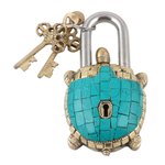 Brass lock and key set, 'Playing Safe' (3 pieces) - Brass Lock and Key Set with Turtle Motif (3 Pieces)