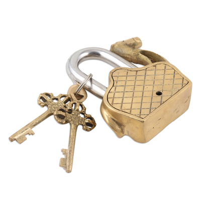 Brass lock and key set, 'Rajasthan Ride' (3 pieces) - Brass Lock and Key Set with Camel Motif (3 Pieces)