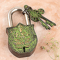 Brass lock and key set, 'Ganesha's Treasure' (3 pieces) - Brass Lock and Key Set with Antique Finish (3 Pieces)