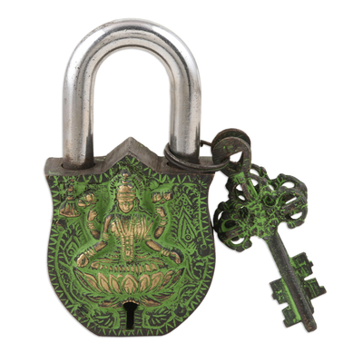 Brass lock and key set, 'Lakshmi's Treasure' (3 pieces) - Hand Crafted Brass Lock and Key Set (3 Pieces)