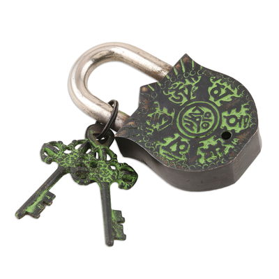 Brass lock and key set, 'King of Demons' (3 pieces) - Artisan Crafted Brass Lock and Key Set (3 Pieces)